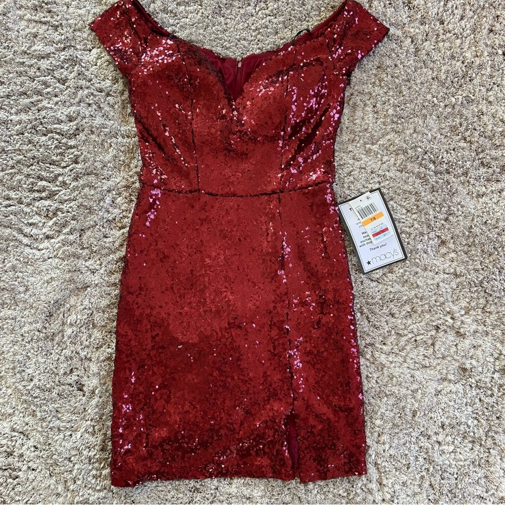 Red sequin cocktail dress with sweetheart neckline
